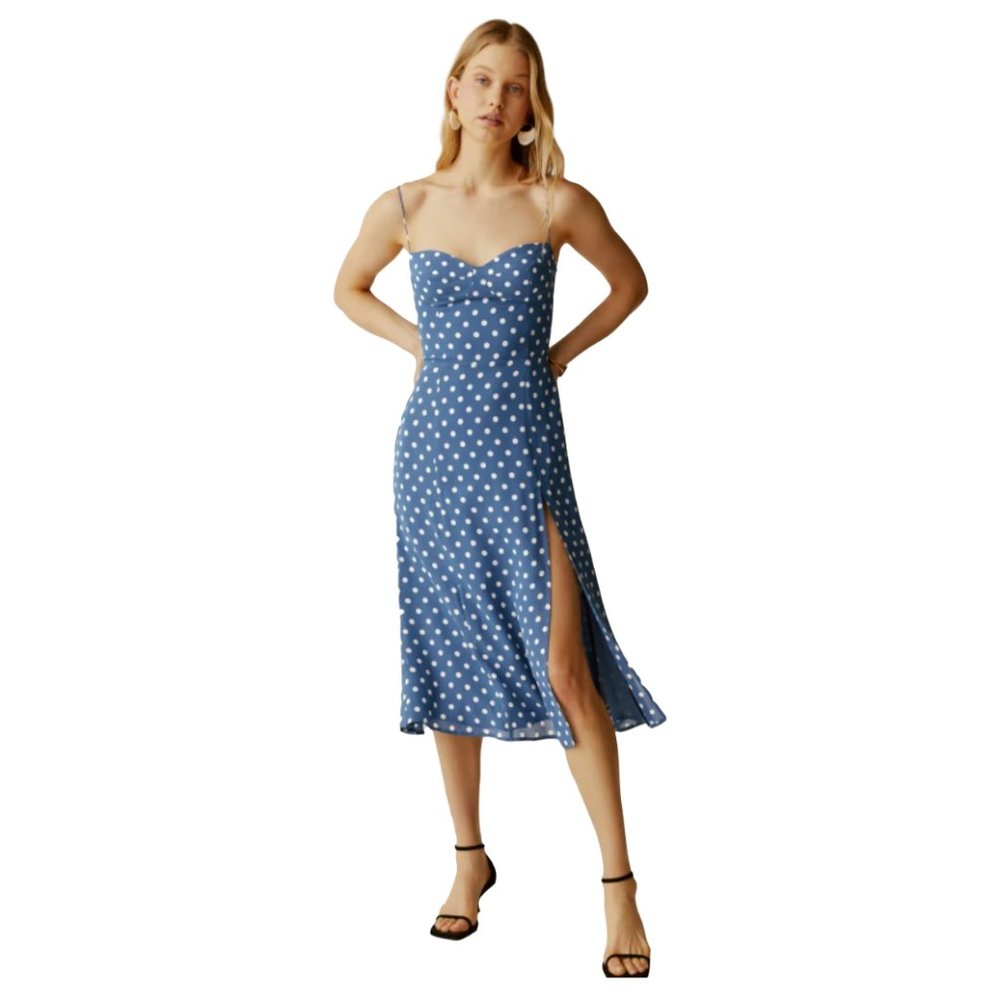 Reformation Blue White Polka Dot Spaghetti-Strap Midi Dress